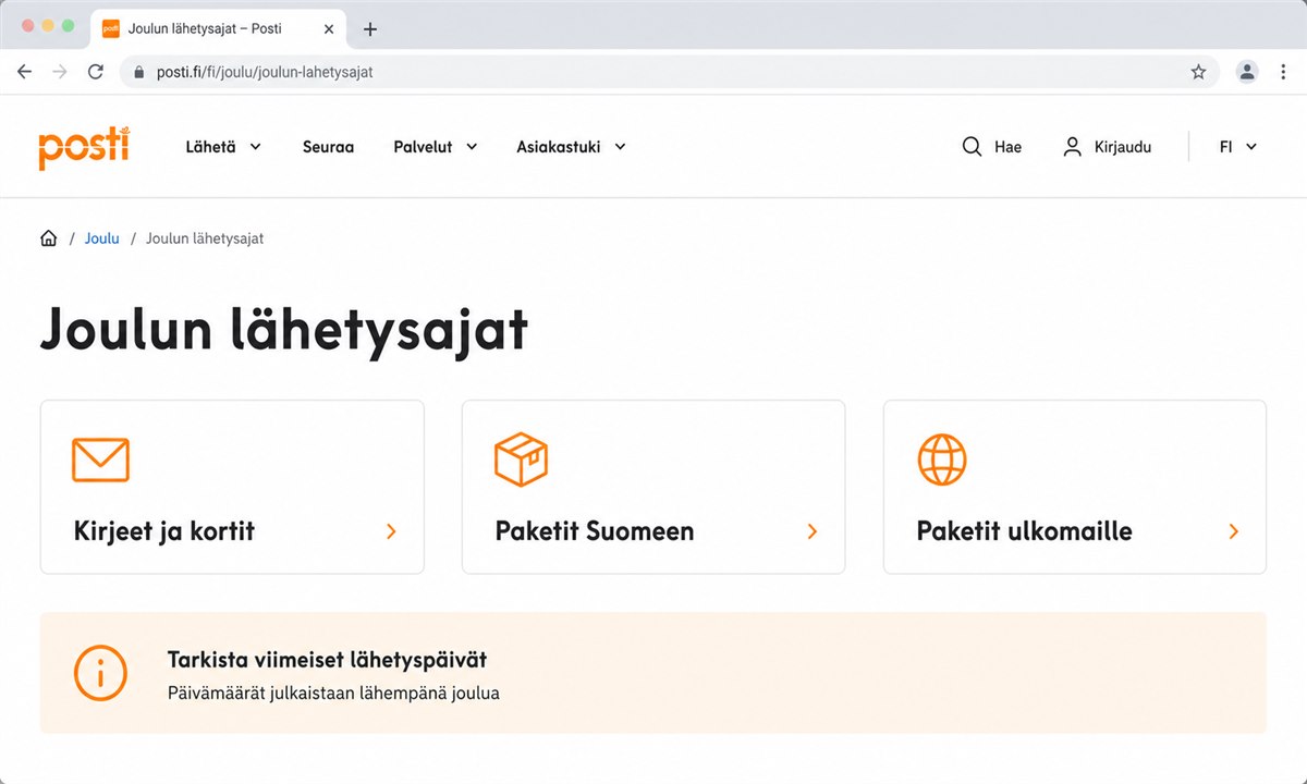 Postin joulunajan aikataulu verkkosivulla, viimeiset lähetyspäivät