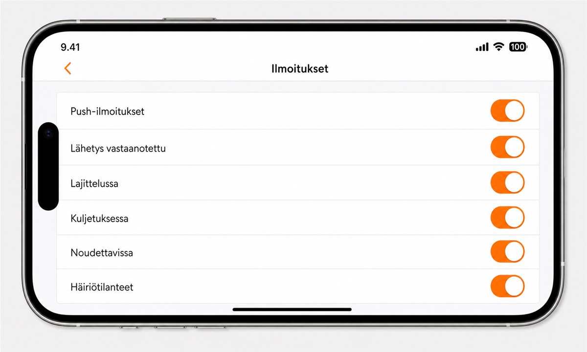OmaPosti-sovelluksen ilmoitusasetukset, paketti-ilmoitukset päällä