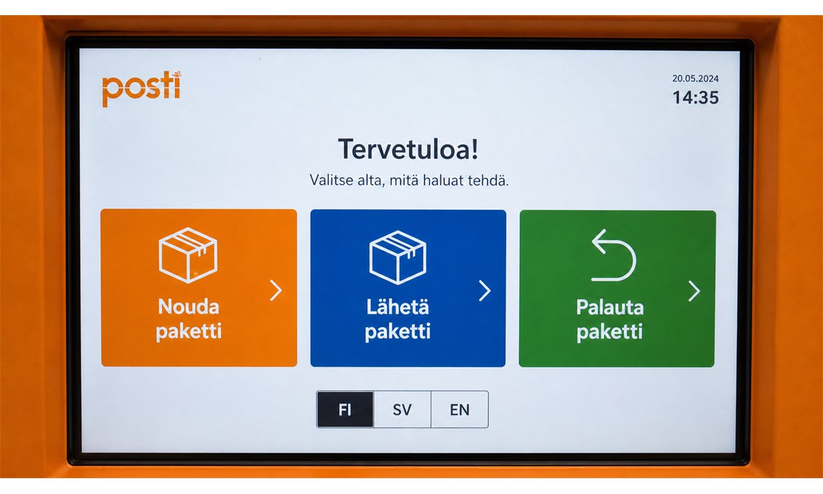 Pakettiautomaatin kosketusnäyttö valikko noutaminen