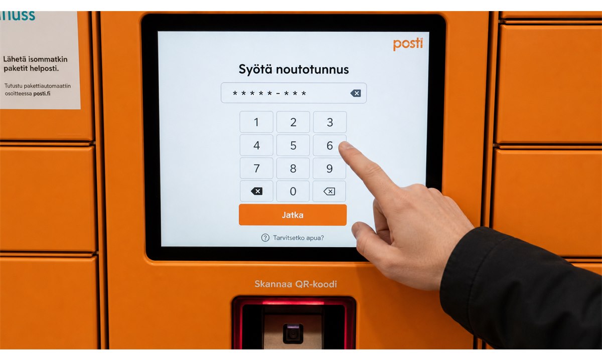 Noutotunnuksen syöttäminen pakettiautomaatin näytölle