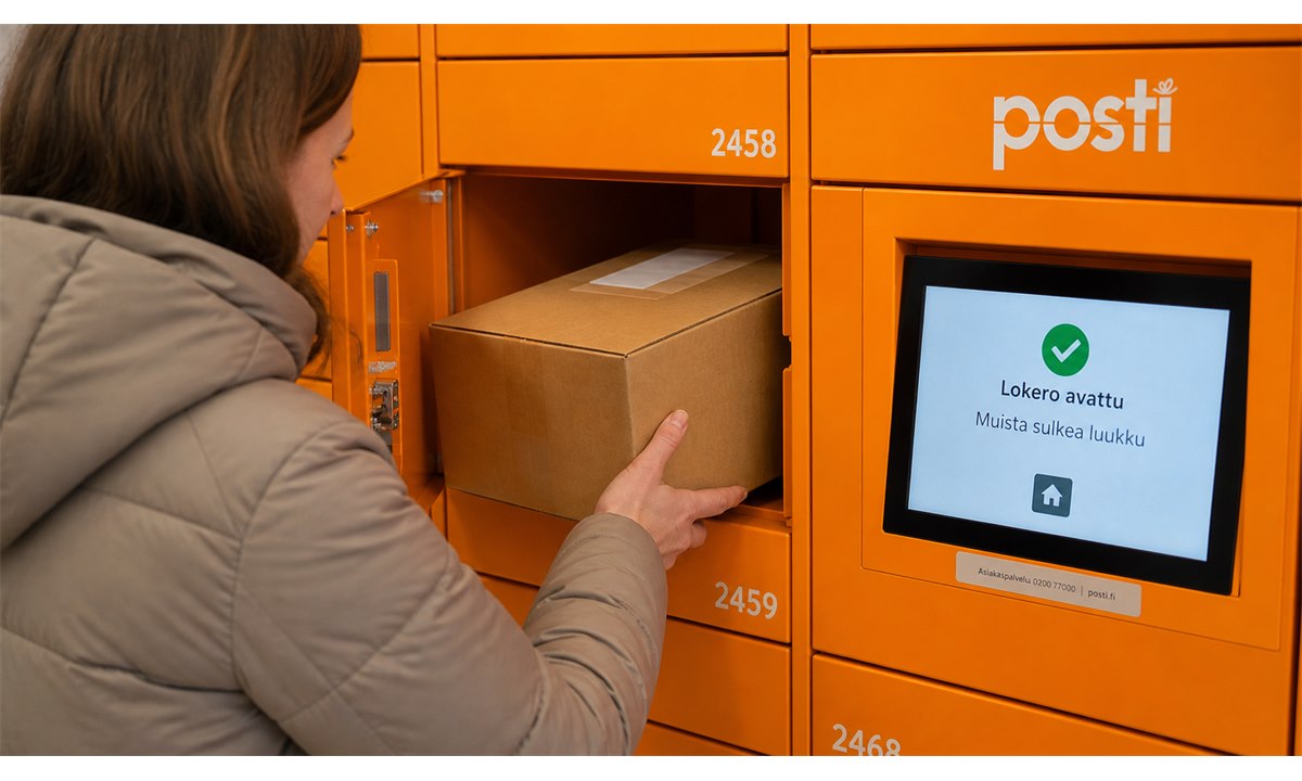 Pakettilokeron avautuminen automaatissa noutaminen