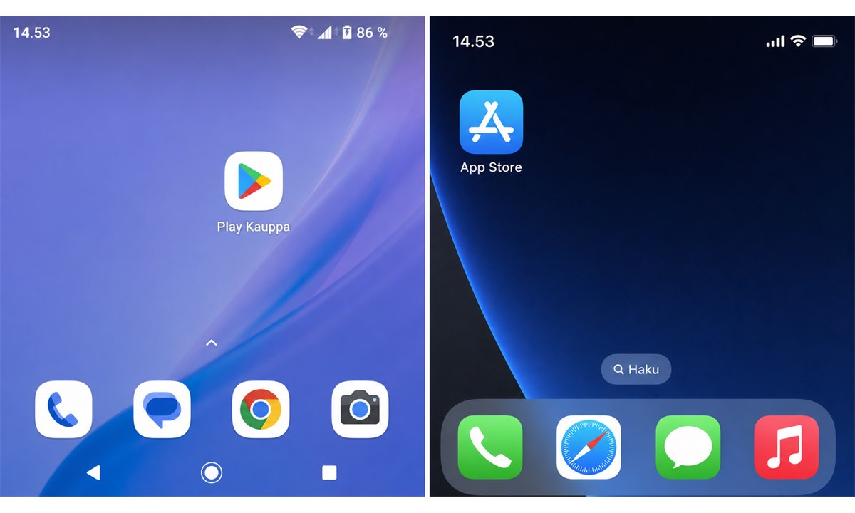 Google Play -kaupan ja App Storen kuvakkeet puhelimessa