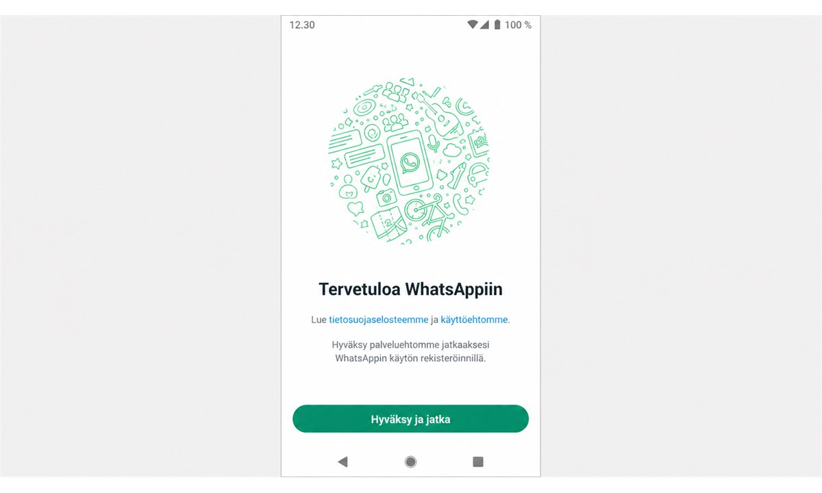 WhatsAppin käyttöehtojen hyväksyminen ensimmäisellä käynnistyskerralla