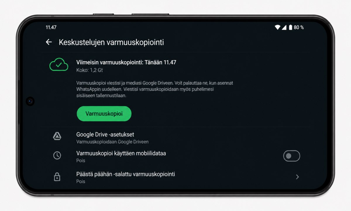 WhatsApp chatin varmuuskopiointi asetusvalikossa