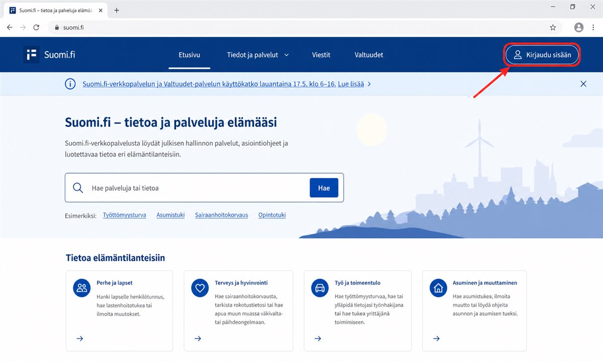Suomi.fi kirjaudu sisään -painike etusivulla