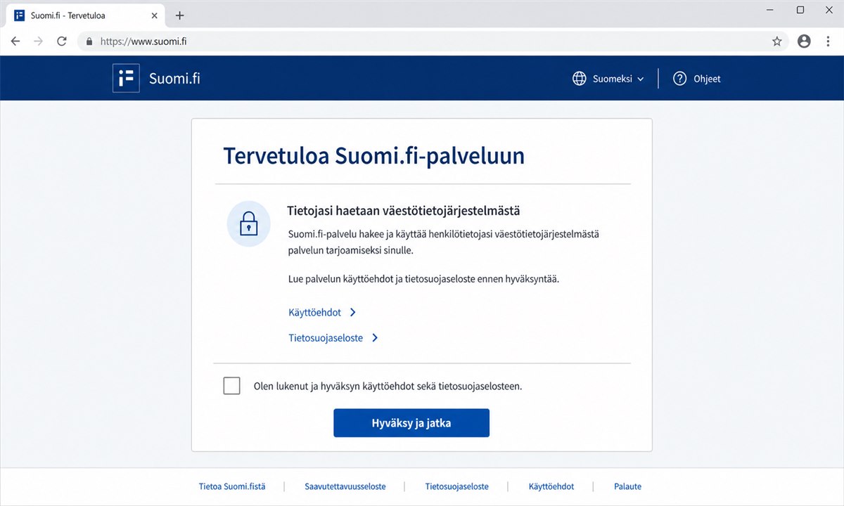 Suomi.fi käyttöehtojen hyväksyminen ensimmäisellä kirjautumisella