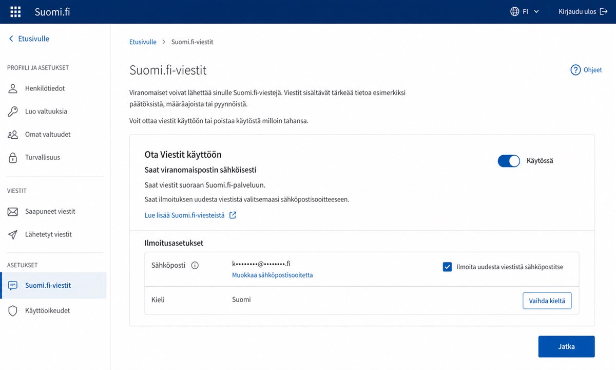 Suomi.fi Viestit-palvelun aktivointi asetuksissa