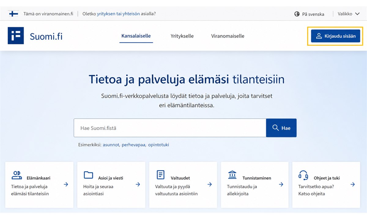 Suomi.fi etusivu ja Kirjaudu-painike oikeassa yläkulmassa