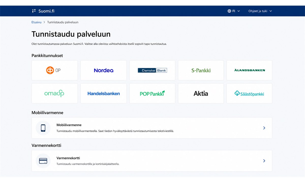 Suomi.fi tunnistautuminen pankkitunnuksilla – pankin valintanäkymä