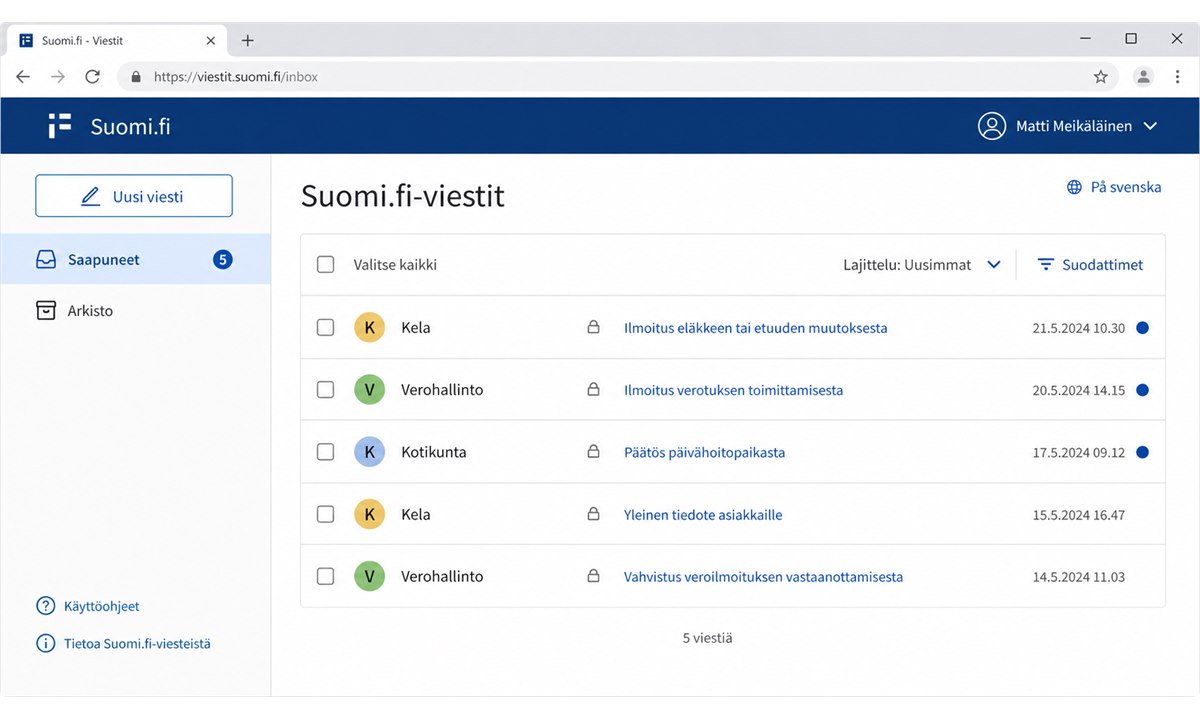 Suomi.fi Viestit-osio viranomaisten lähettämien kirjeiden listauksella