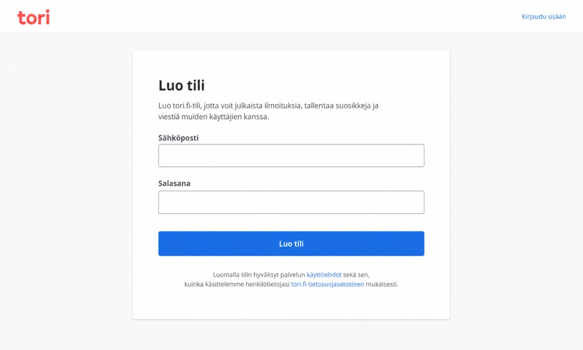 Tori.fi tilin luominen rekisteröitymissivu