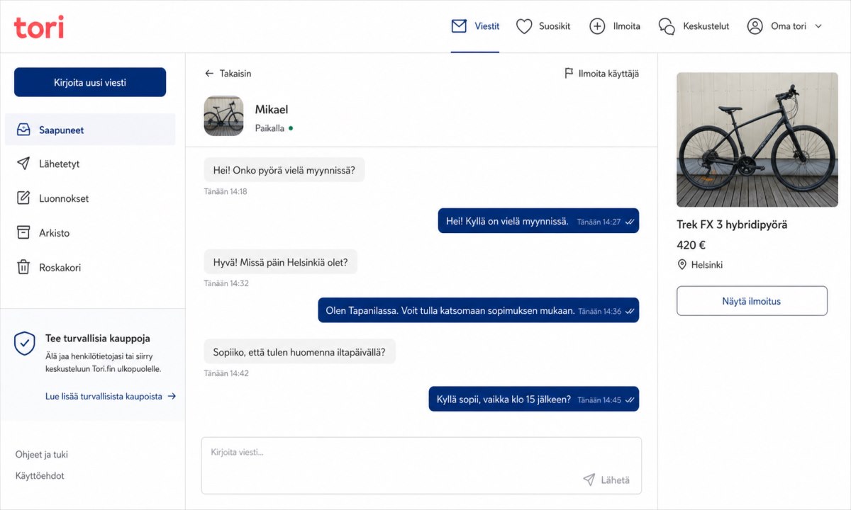 Tori.fi viestikeskustelu myyjän kanssa