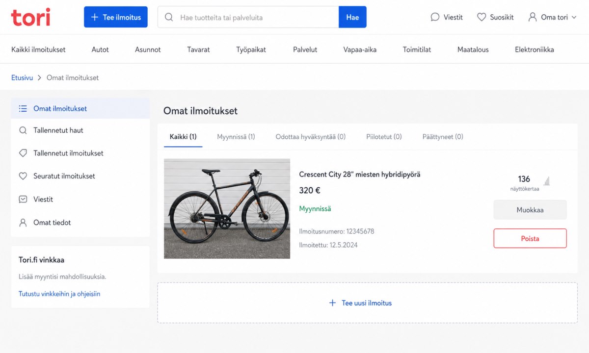 Tori.fi omat ilmoitukset hallintapaneeli