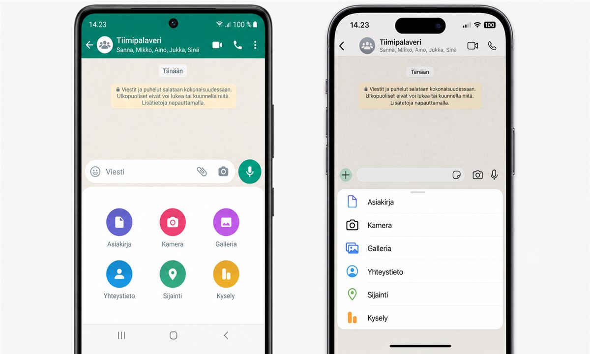 WhatsApp liitäntävalikon avaaminen kyselyn luomista varten Android ja iPhone