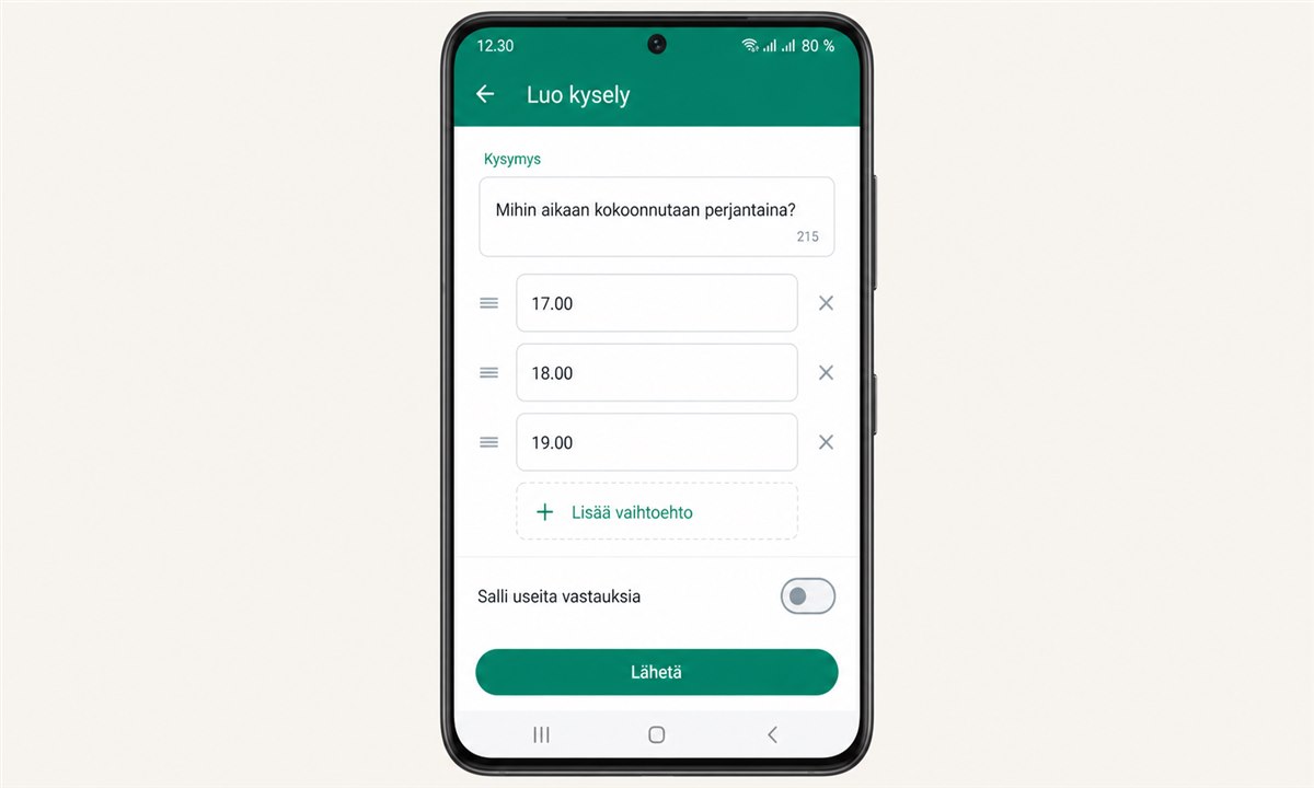 WhatsApp kyselyn kysymyksen ja vastausvaihtoehtojen kirjoittaminen