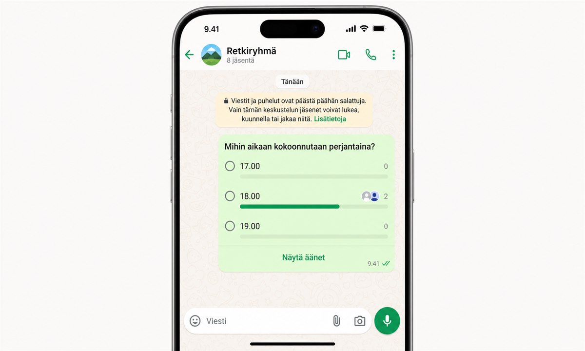 WhatsApp kyselyn lähettäminen ryhmäkeskusteluun ja äänestyskortti chatissa