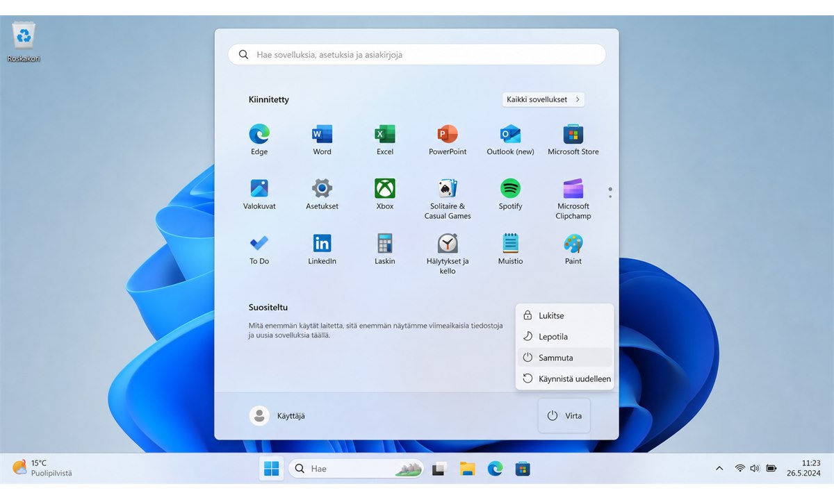 Windows 11 virta-painike ja sammuta-vaihtoehto