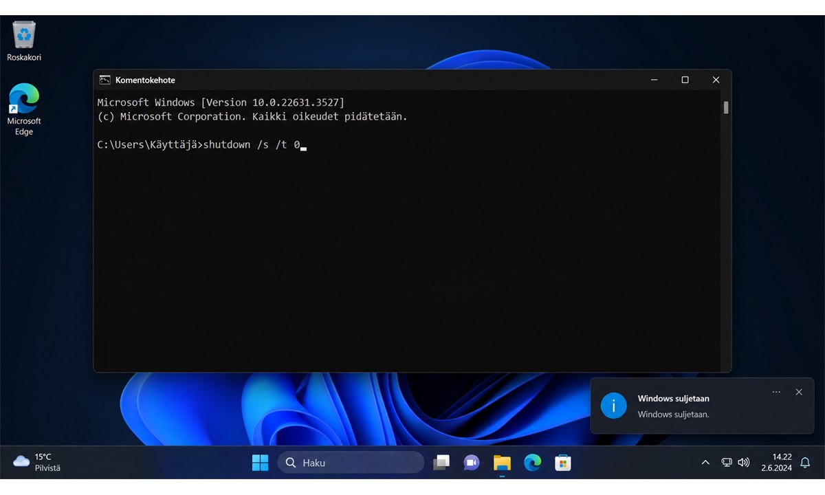 Windows 11 komentorivi shutdown komento