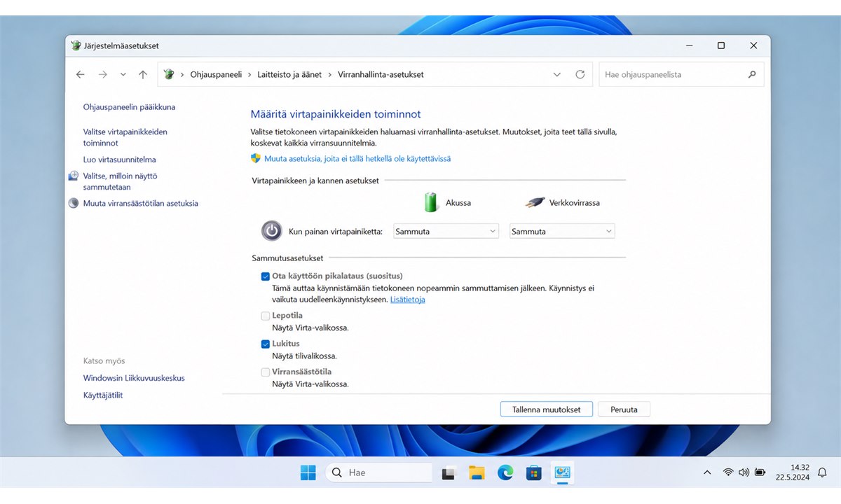Windows 11 asetukset virtapainikkeen toiminto sammutus