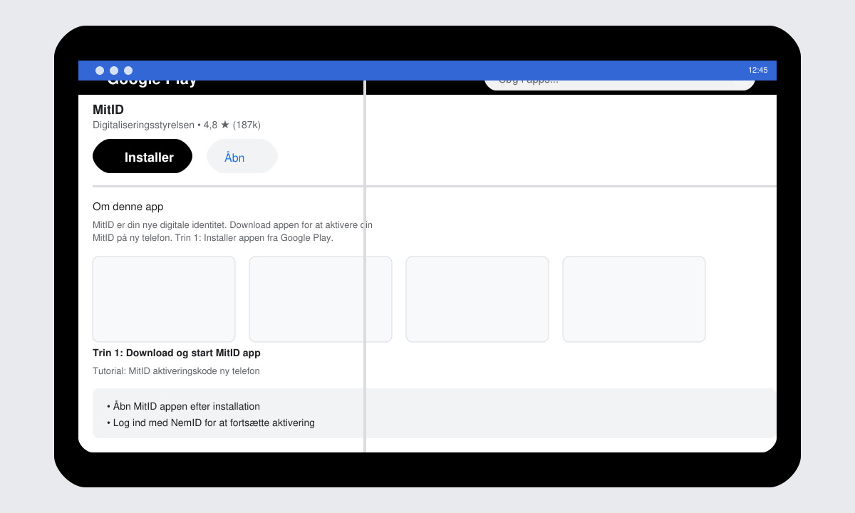 Skærmbillede af download og start af MitID app på ny telefon