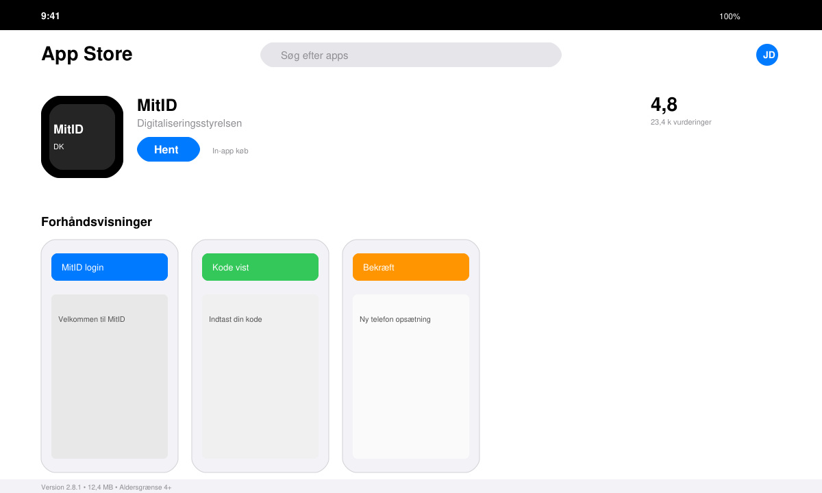 Skærmbillede af download-siden i App Store med MitID-appen fremhævet