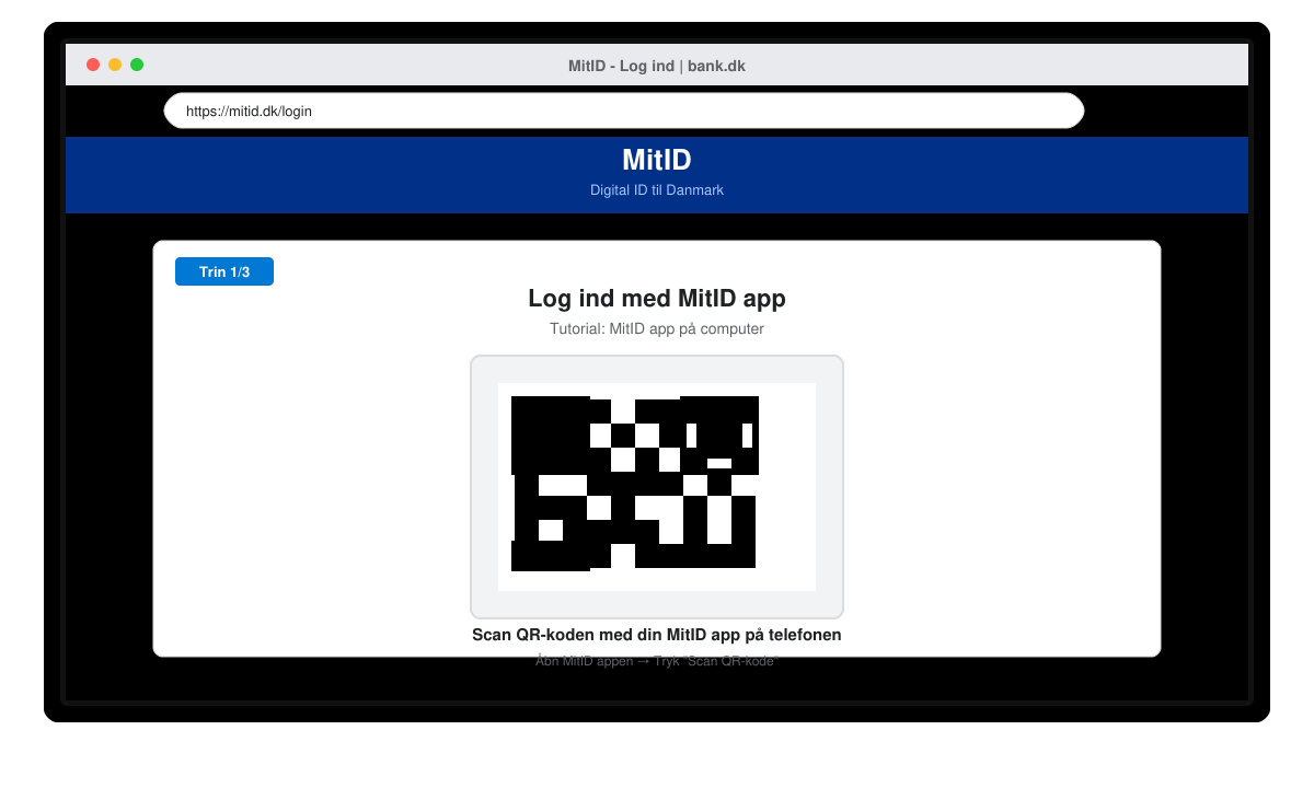 Computer-skærm der viser MitID login-knap og QR-kode