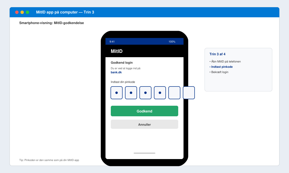 Smartphone med MitID-app der viser godkendelsesskærm