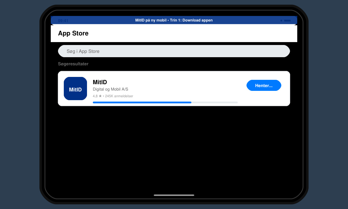 Close-up of a phone screen showing the MitID app being downloaded from the official store