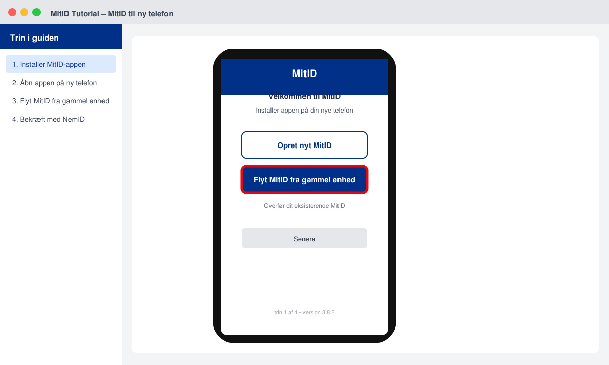 Skærmbillede af MitID-appens installationsskærm med knappen til at flytte MitID markeret