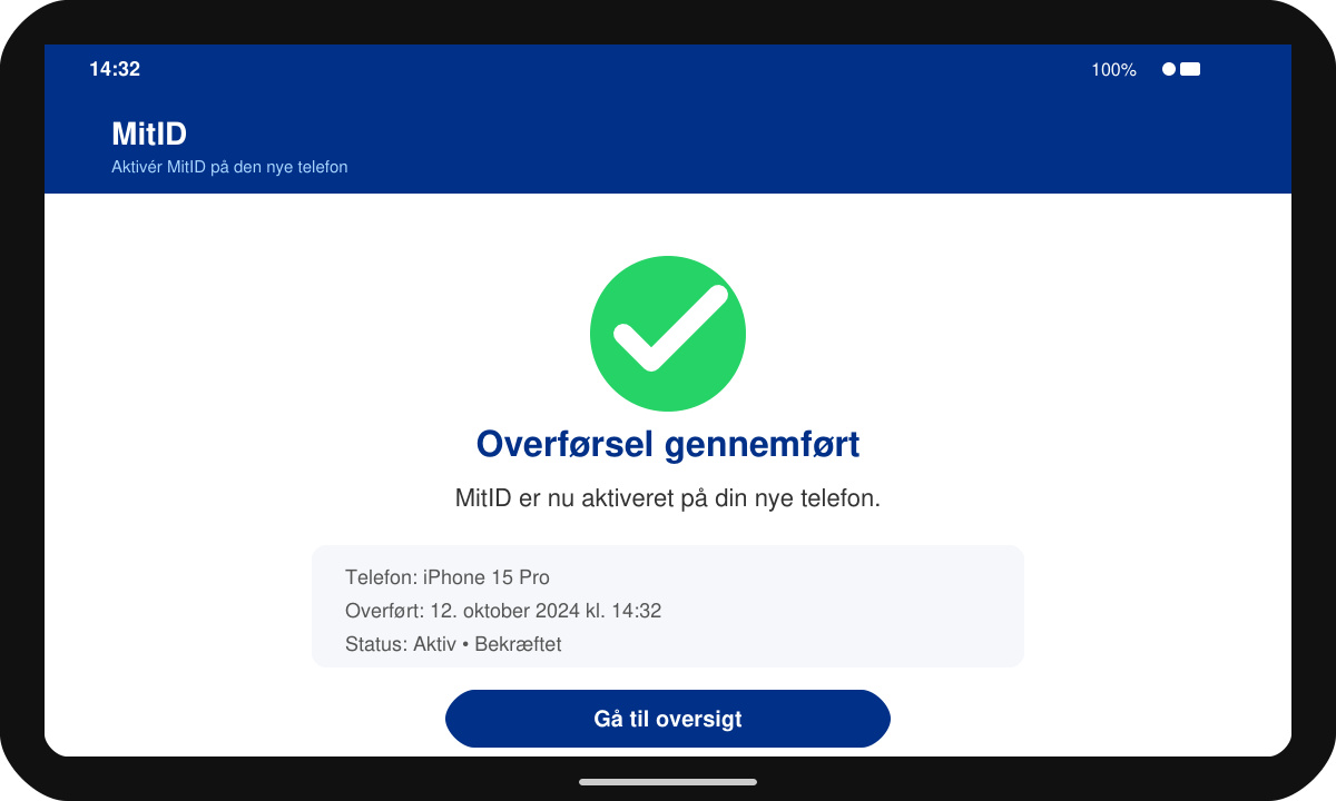 Bekræftelsesskærm i MitID-appen på den nye telefon efter vellykket overførsel