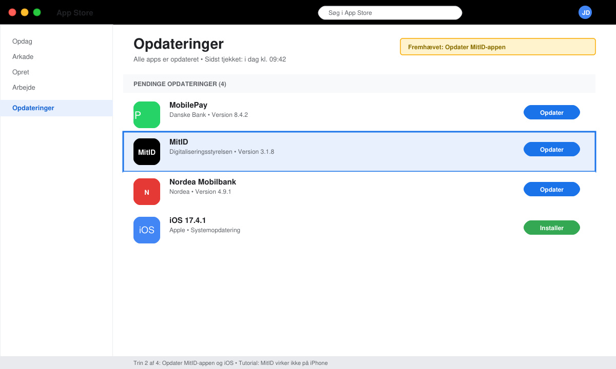 Skærmbillede af App Store-opdateringssiden med MitID-appen fremhævet