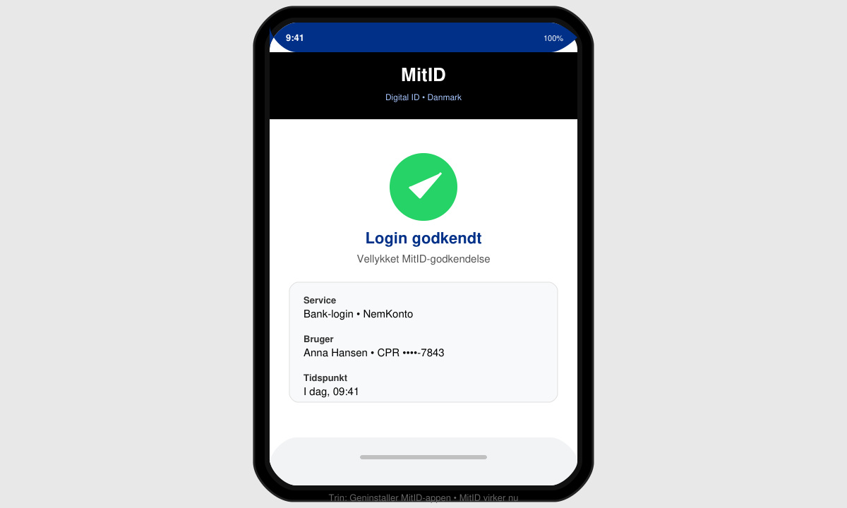 Skærmbillede af vellykket MitID-login på iPhone med godkendelsesskærm