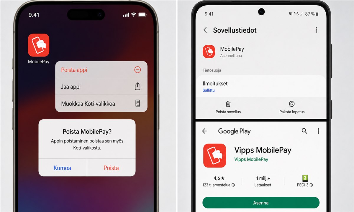 MobilePay sovelluksen poistaminen ja uudelleenasennus