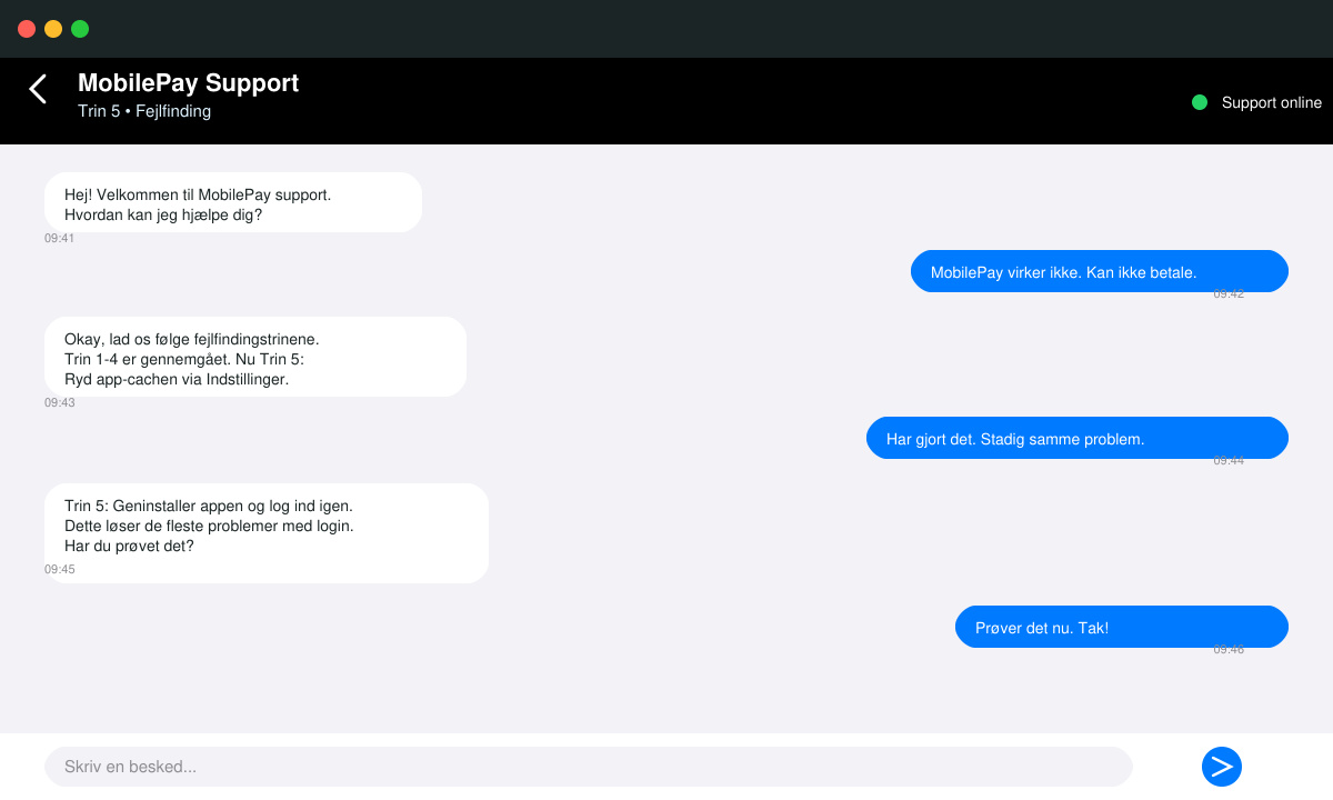 Billede af MobilePay support-chatvindue med en aktiv samtale