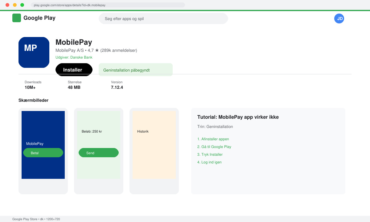 Skærmbillede af App Store eller Google Play hvor MobilePay downloades på ny