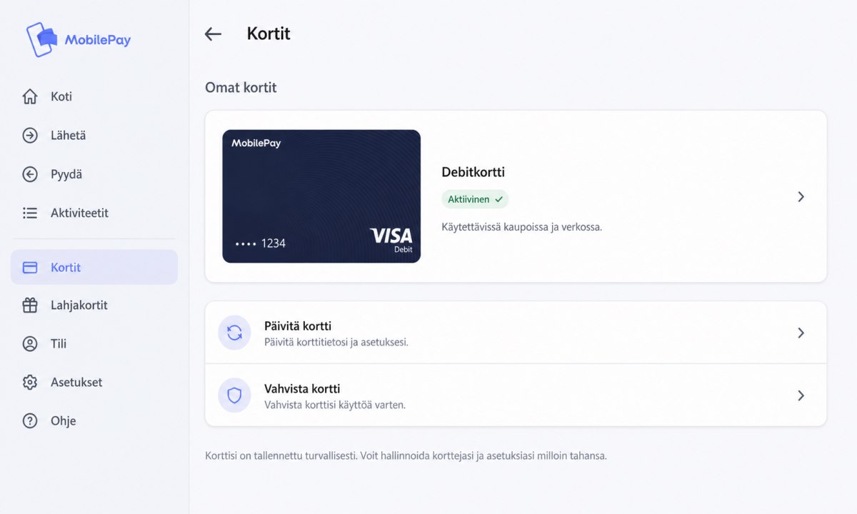 MobilePay korttiasetukset-näkymä, jossa debit-kortti listattu