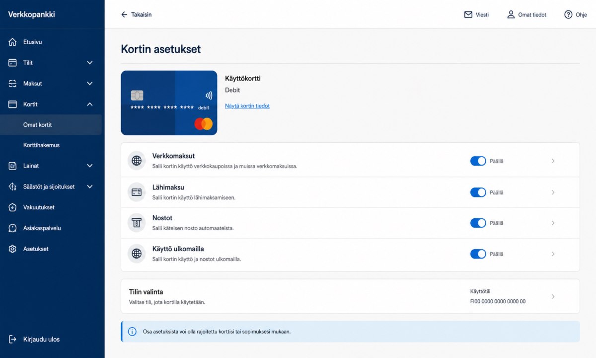 Verkkopankin korttiasetukset, verkkomaksut käytössä -valinta
