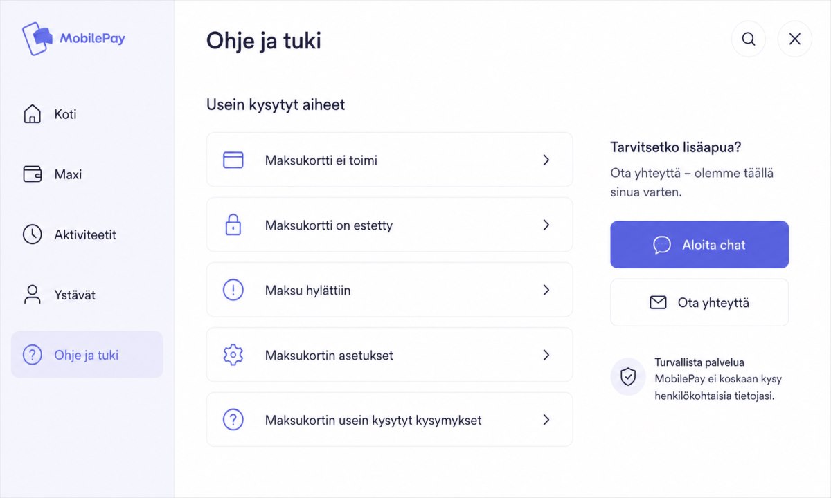 MobilePay asiakastuki-näkymä sovelluksessa