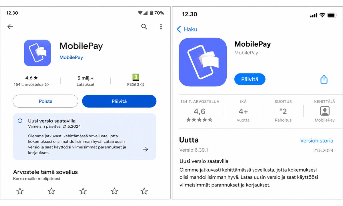 MobilePay päivitys App Storessa tai Google Playssa