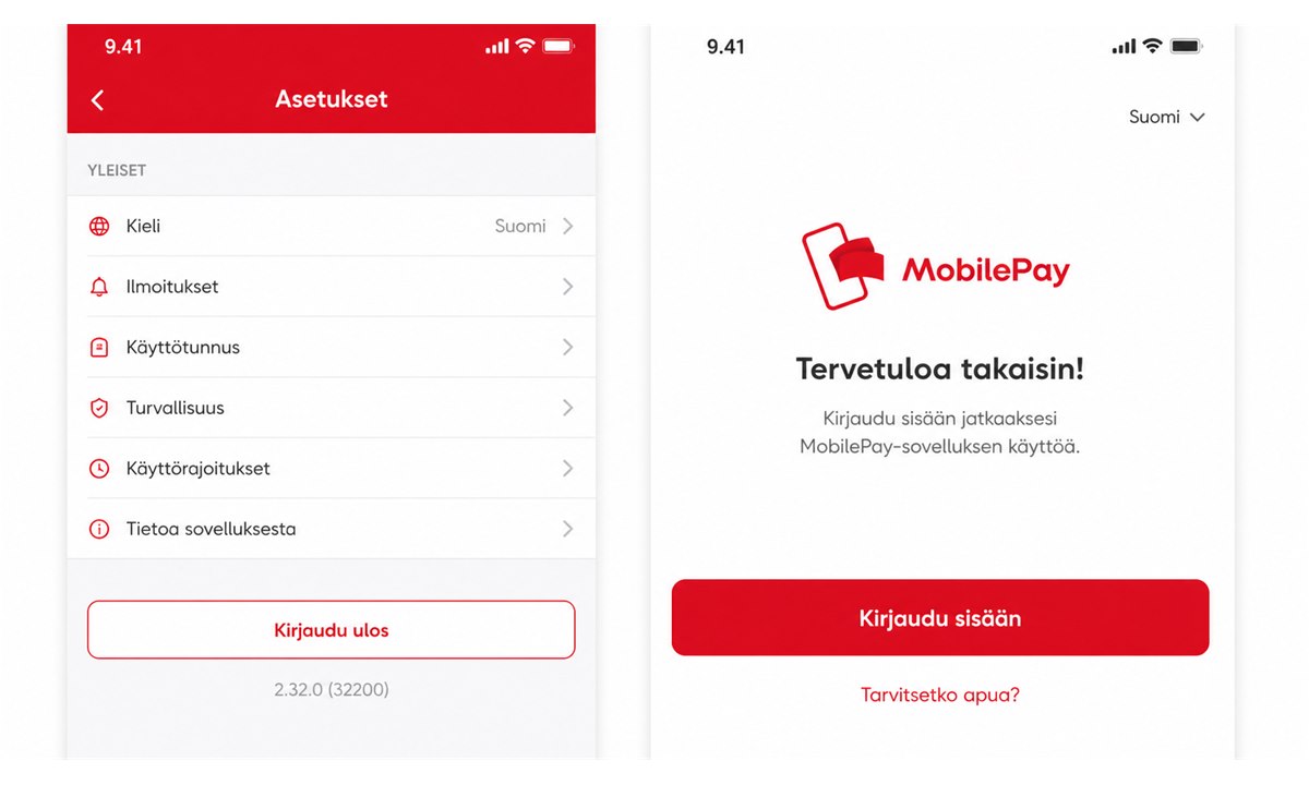 MobilePay sovelluksen asetukset ja uloskirjautuminen