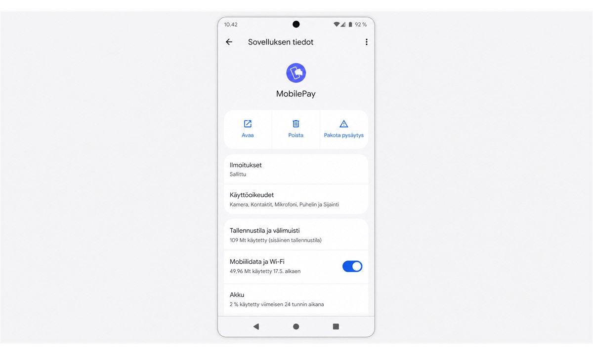 MobilePay käyttöoikeudet puhelimen asetuksissa