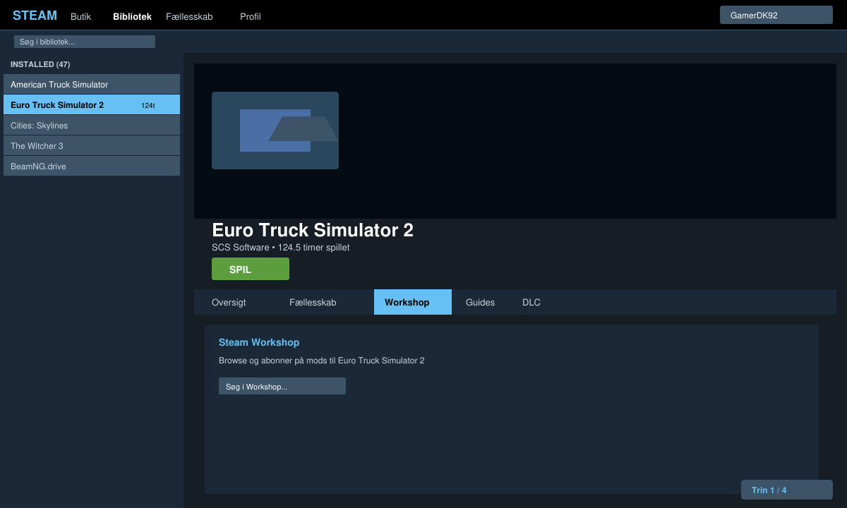 Skærmbillede af Steam-bibliotek med Euro Truck Simulator 2 valgt og Workshop-fanen markeret