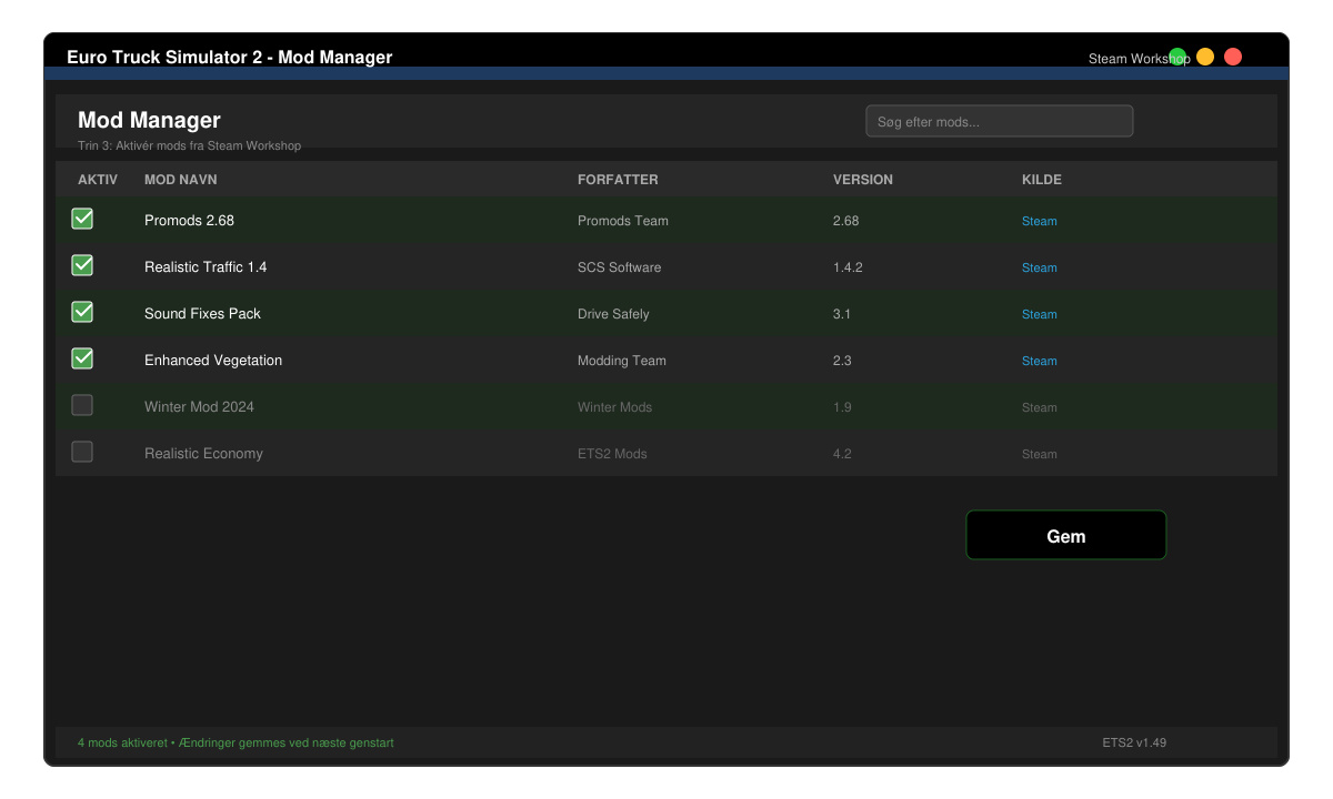 In-game Mod Manager-vindue med valgte mods og aktiveringsknap
