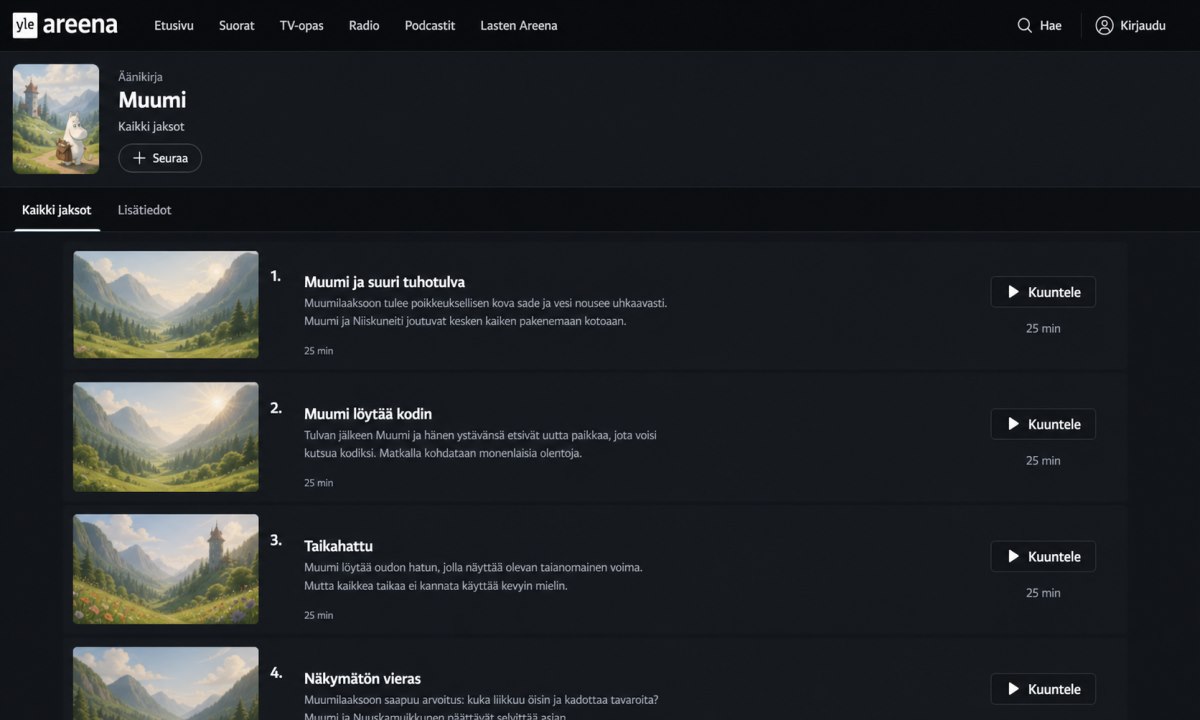 Muumi äänikirjat listaus Yle Areenassa
