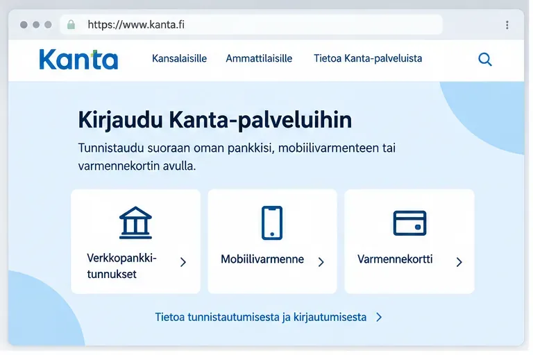 Esimerkkikuva Kanta-palvelujen kirjautumisnäkymästä, jossa vaihtoehtoina ovat verkkopankkitunnukset, mobiilivarmenne ja varmennekortti