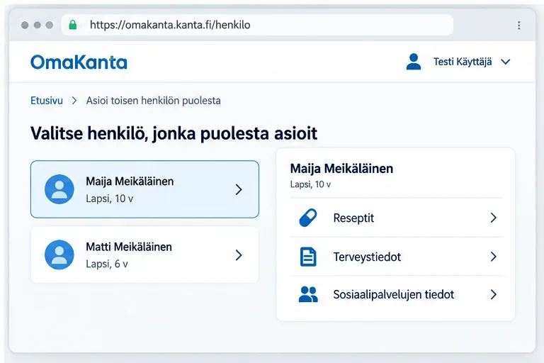 Esimerkkikuva OmaKannan puolesta-asioinnista, jossa huoltaja valitsee lapsen ja näkee reseptit, terveystiedot ja sosiaalipalvelujen tiedot
