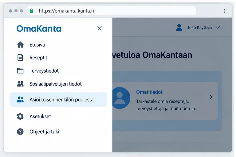 Esimerkkikuva uuden OmaKannan sivuvalikosta, jossa kohta Asioi toisen henkilön puolesta on korostettuna