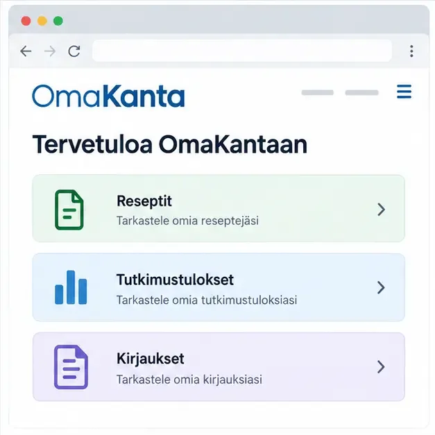 OmaKannan näkymää muistuttava selainikkuna, jossa näkyvät reseptit, tutkimustulokset ja kirjaukset ilman henkilötietoja.