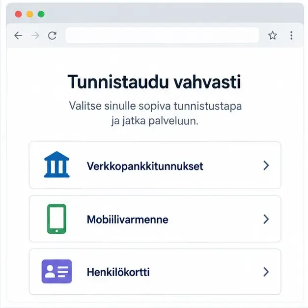 Selainikkuna, jossa valitaan vahvan tunnistautumisen tavaksi verkkopankkitunnukset, mobiilivarmenne tai henkilökortti.