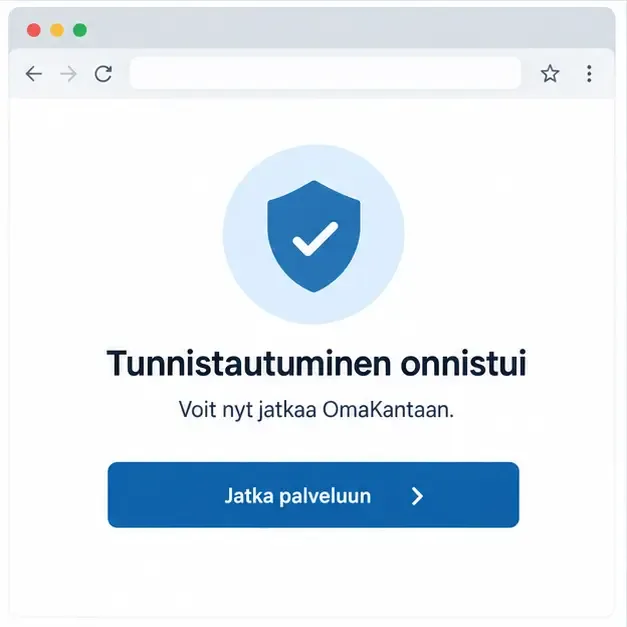 Selainikkuna, jossa suojakilpi ja vahvistettu tunnistautuminen ohjaavat jatkamaan palveluun.